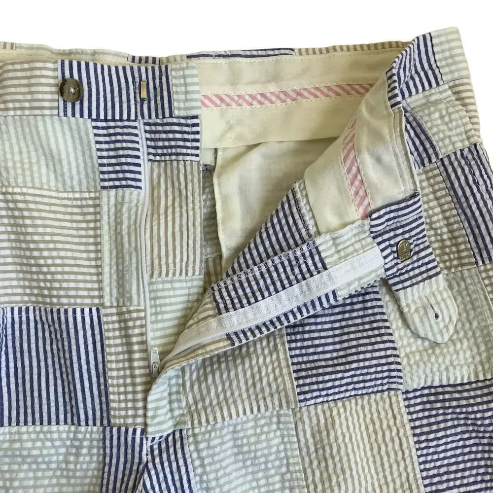 Berle Vintage Seersucker Cotton Madras Plaid Pleated Chino Shorts Preppy Sz 34